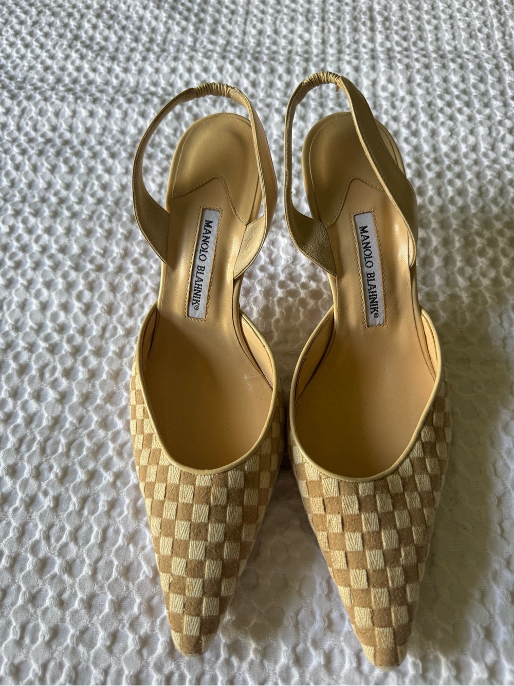 Manolo Blahnik Yellow Checked Slingback Pointed-Toe Mules - Picture 1 of 13